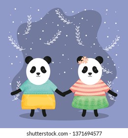 cute couple bears panda with clothes characters