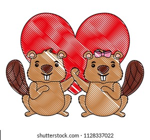 cute couple beaver animal in love heart