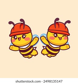 Linda pareja abeja volando con sombrero de dibujos animados Vector Icono Ilustración. Icono de Naturaleza Animal Concepto Aislado Premium Vector. Estilo plano de la historieta