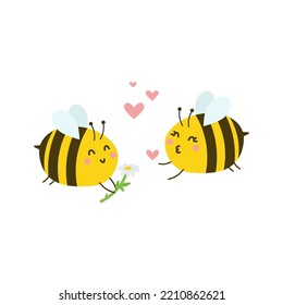 Un par de abejas muy bonitas enamoradas de la margarita y los corazones. Ilustración vectorial de dibujos animados para el día de San Valentín, fiesta de cumpleaños, antecedentes, etc. Elementos de diseño del día de San Valentín. El concepto de amor de caricatura con las abejas.