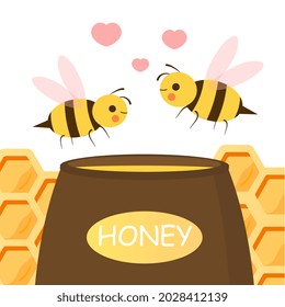 Cute couple bee. Valentines day background. Small insects surrounded by hearts fly to jar of sweet honey. Postcard for holiday. Cartoon flat vector illustration isolated on a white background