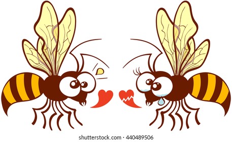 Cute couple of bees flying, staring at each other and expressing their different points of view about love by showing a healthy heart and a broken one