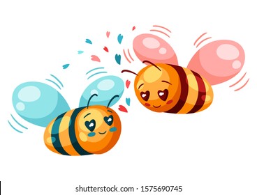 Cute couple of bees in love. Valentine Day greeting card. Illustration of kawaii characters with eyes hearts.