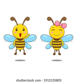 Cute couple bees. Vector illustration of chibi character isolated white background