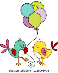 Cute couple bird with balloons

