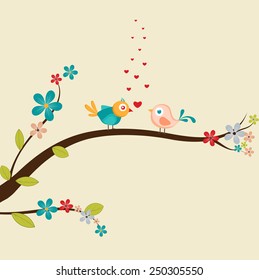 Cute couple of bird in love with red hearts sitting on a tree branch for Happy Valentine's Day celebration.