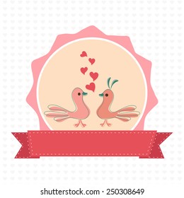 Cute couple of birds in love with red hearts and space for your wishes for Happy Valentines Day celebration.
