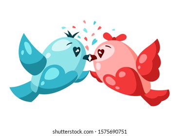 Cute couple of birds in love. Valentine Day greeting card. Illustration of kawaii characters with eyes hearts.