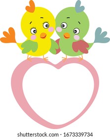 Cute couple of birds on top of frame heart
