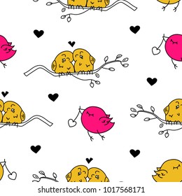 Cute couple birds sitting on branch in love seamless vector pattern