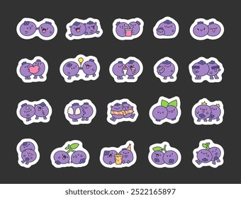 Cute couple blueberry. Sticker Bookmark. Cartoon food character. Hand drawn style. Vector drawing. Collection of design elements.