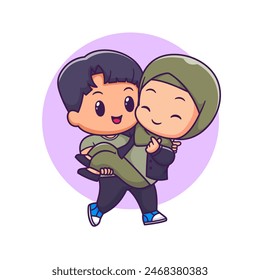 Cute Couple Boy Carrying Girl Hijab Cartoon Vector Icon Illustration. People Holiday Icon Concept Isolated Premium Vector. Flat Cartoon Style