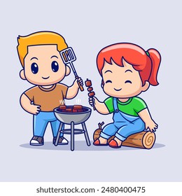 Linda Pareja Chico Y Chica Cocinando Carne Bbq Juntos Dibujos Animados Vector Ilustración. Personas Food Icon Concept Vector Premium aislado. Estilo plano de dibujos animados