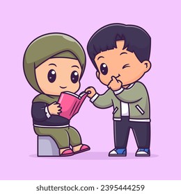 Cute Couple Boy And Girl Hijab Reading Book Together
Cartoon Vector Icon Illustration. People Education Icon
Concept Isolated Premium Vector. Flat Cartoon Style