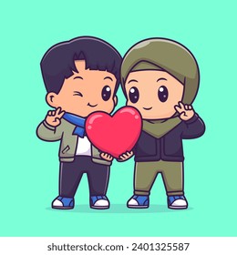 Cute Couple Boy And Girl Hijab Holding Love Heart With 
Peace Hand Cartoon Vector Icon Illustration. People Holiday
Icon Concept Isolated Premium Vector. Flat Cartoon Style