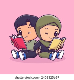 Cute Couple Boy And Girl Hijab Reading Book Together 
Cartoon Vector Icon Illustration. People Education Icon
Concept Isolated Premium Vector. Flat Cartoon Style