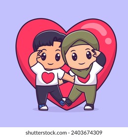 Cute Couple Boy And Girl Hijab With Love Heart Pose Cartoon 
Vector Icon Illustration. People Holiday Icon Concept Isolated
Premium Vector. Flat Cartoon Style