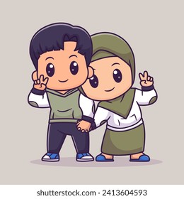 Cute Couple Boy And Girl Hijab Peace Sign Hand Pose 
Cartoon Vector Icon Illustration. People Holiday Icon Concept
Isolated Premium Vector. Flat Cartoon Style
