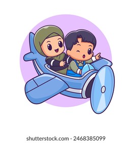 Linda pareja niño y niña hijab a caballo avión de dibujos animados Vector Ilustración. Personas Icono de Transporte Concepto Aislado Vector de Premium. Estilo plano de dibujos animados