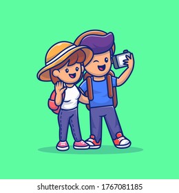 Cute Couple Boy And Girl Travelling Together Cartoon Vector Icon Illustration. People And Travel Icon Concept Isolated Premium Vector. Flat Cartoon Style