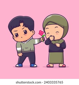 Cute Couple Boy Give Flower To Girl With Hijab Cartoon
Vector Icon Illustration. People Nature Icon Concept Isolated
Premium Vector. Flat Cartoon Style
