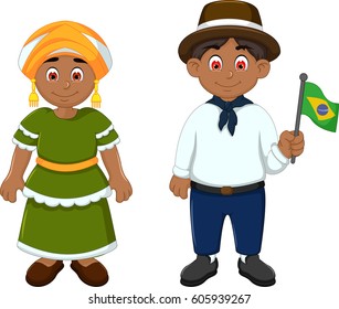 Cute Couple brazilians cartoon with National Clothes