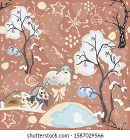 Cute couple of bunnies in frozen forest on a cold but lovely winter day. Creative Colorful Design with pastel colors and funny winter brush doodles. Vector Illustration