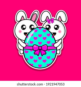 cute couple bunny hugging a big easter egg design kawaii