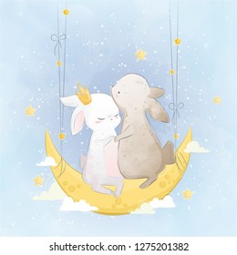 Cute Couple Bunny on the Moon