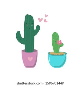 Cute couple of cactus in love, vector illustration for valentines day, wedding, greeting card. Succulents in cartoon style. Stock illustration isolated on white background.