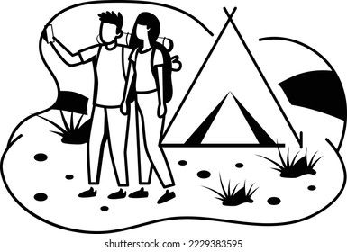 cute couple capturing the moment through camera Concept, joint selfie in forest vector icon design, Outdoor weekend Activity symbol, Travel Holiday Scene Sign, Relaxing people at Vacation illustration