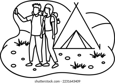 cute couple capturing the moment through camera Concept, joint selfie in forest vector outline icon design, Outdoor weekend Activity symbol, Tourist Holidays Scene Sign, Happy people at Vacation 
