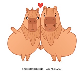 A un par de personajes capibaras les encanta. Etiqueta de animales de dibujos animados. Ilustración del vector