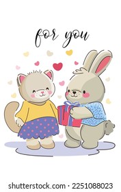 cute couple of cartoon cat and rabbit gives a gift on a card for a valentine's day greeting or just a birthday. vertical template for printing
