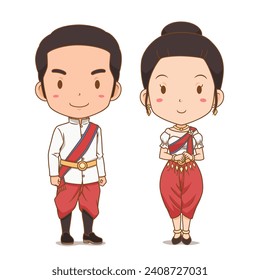 Cute couple of cartoon characters in Cambodia national costume.