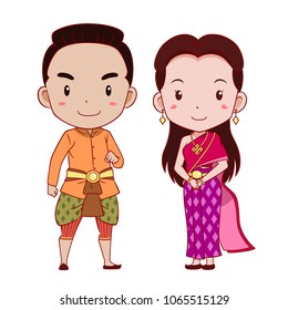  Cute couple of cartoon characters in Thai traditional costume.