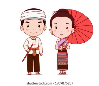 Cute couple of cartoon characters in Thai Lanna traditional costume.