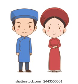 Lindo par de personajes de dibujos animados en disfraz nacional de Vietnam.