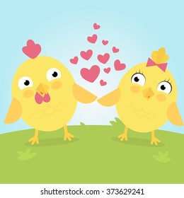Cute couple of cartoon chicken . Vector illustration for wedding, engagement, anniversary, romantic occasions, Valentine's day