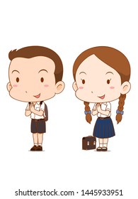 Cute couple cartoon of high school boy and girl.