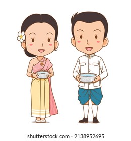Cute couple cartoon holding water bowls in Songkran festival, Thailand.