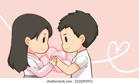 Cute couple cartoon in love holding lot heart  shaped  Pastel color  Happy Valentine's Day  Lover sharing their happy moment  Cartoon character vector Illustration  Free hand drawing