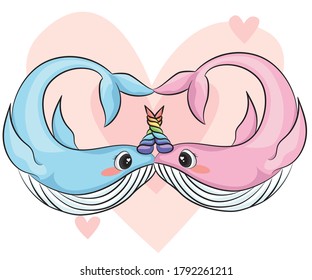 Cute couple cartoon narwhal drawing set. Funny kawaii characters vector illustration. Falling in Love Signs.