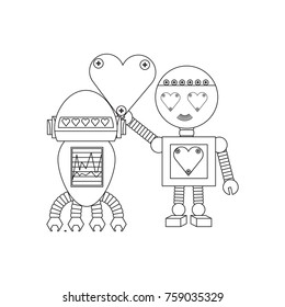 cute couple of cartoon robots with heart icon over white background black and white design vector illustration