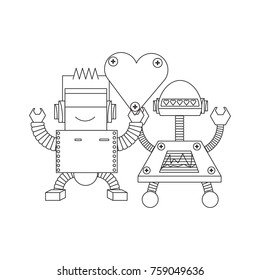 cute couple of cartoon robots with heart icon over white background black and white design vector illustration
