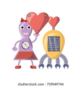 cute couple of cartoon robots with heart icon over white background colorful design  vector illustration
