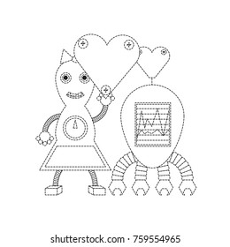 cute couple of cartoon robots with heart icon over white background black and white design vector illustration