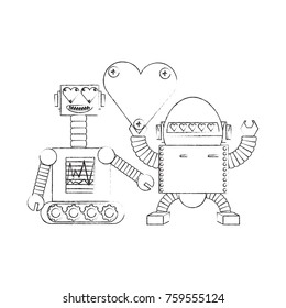 cute couple of cartoon robots with heart icon over white background black and white design vector illustration