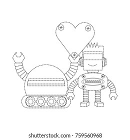 cute couple of cartoon robots with heart icon over white background black and white design vector illustration