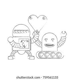 cute couple of cartoon robots with heart icon over white background black and white design vector illustration